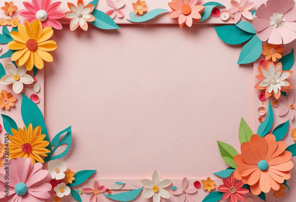 Paper craft flowers floral frame with transparent space