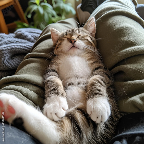 Cat is sleeping on the owner's leg