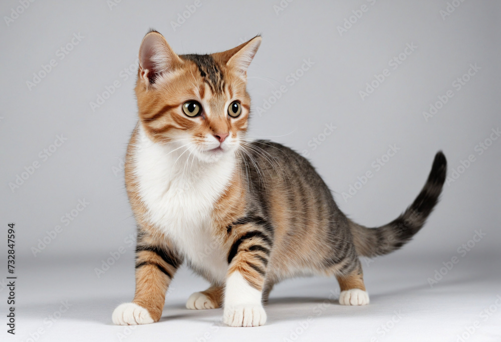 Young cat is raising its arm while playfully hunting in a black and white studio setting 