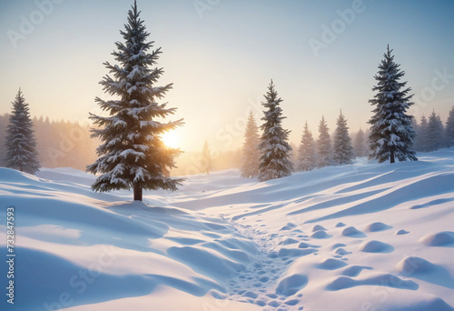 Low poly winter landscape with Christmas tree