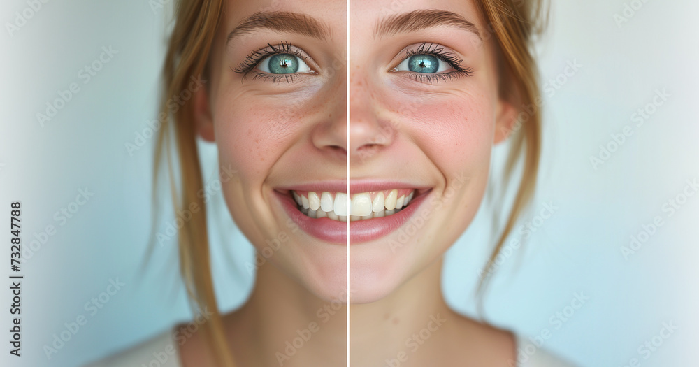 Professional Teeth Whitening Before And After. Cosmetic Dentistry, Dental Hygiene. Beautiful Happy Smiling Woman With Yellow Before and White Teeth After Smile Makeup. AI Generated. Horizontal