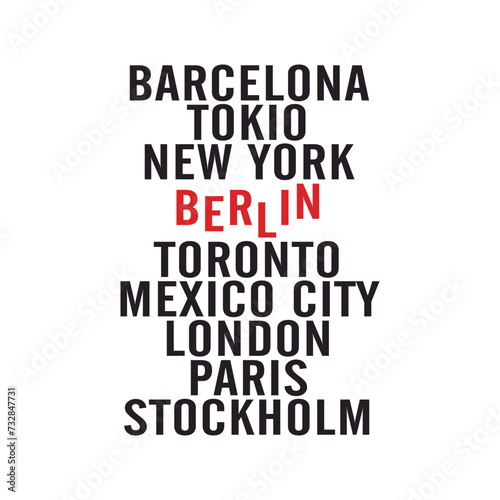 vector written barcelona, ​​tokio, new york, berlin, toronto, mexico city, london, paris, print style. Vector for silkscreen, dtg, dtf, t-shirts, signs, banners, Subimation Jobs or for any application