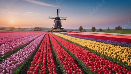 windmill and tulips in country site 