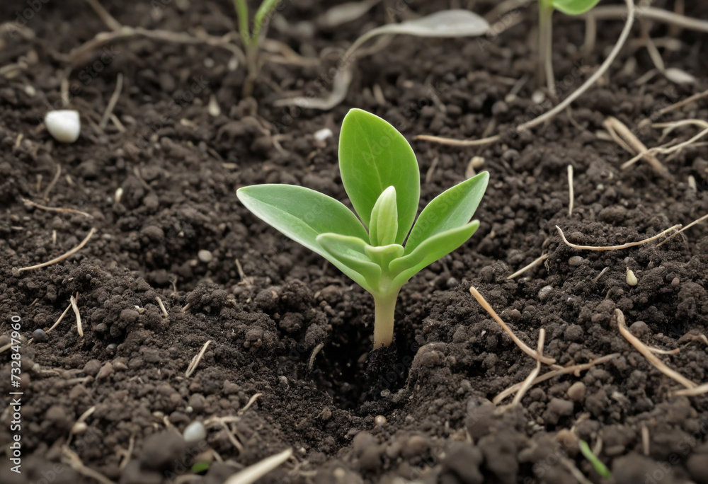 New life emerging from the soil: A young plant growth with white sprout and green leaves in the garden New life emerging from the soil: A young plant growth with white sprout and green leaves in the garden