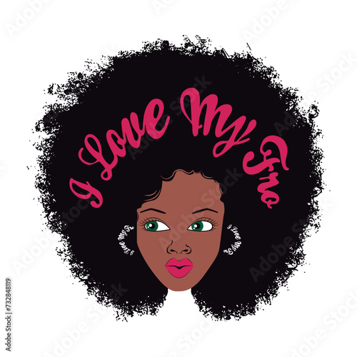 vector image black woman with blackpower hair and writing i love my fro, print style. Vector for silkscreen, dtg, dtf, t-shirts, signs, banners, Subimation Jobs or for any application photo