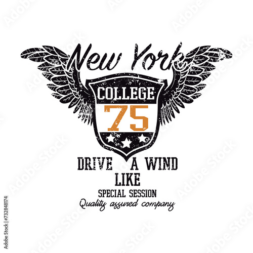 vector image school emblem with black wings,written new york colleg 75 drive a wind like specil sessionVector for silkscreen, dtg, dtf, t-shirts, signs, banners, Subimation Jobs or for any application photo