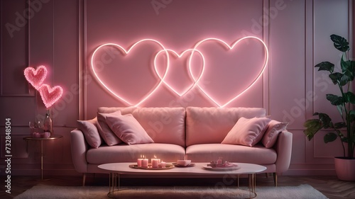 living room with pink sofa interior hanging  pink neon heart light on wall 