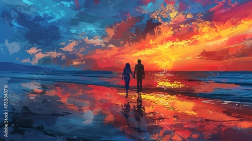 Romantic beach sunset, a couple walking hand-in-hand along the shoreline, their silhouettes against the colorful sky 