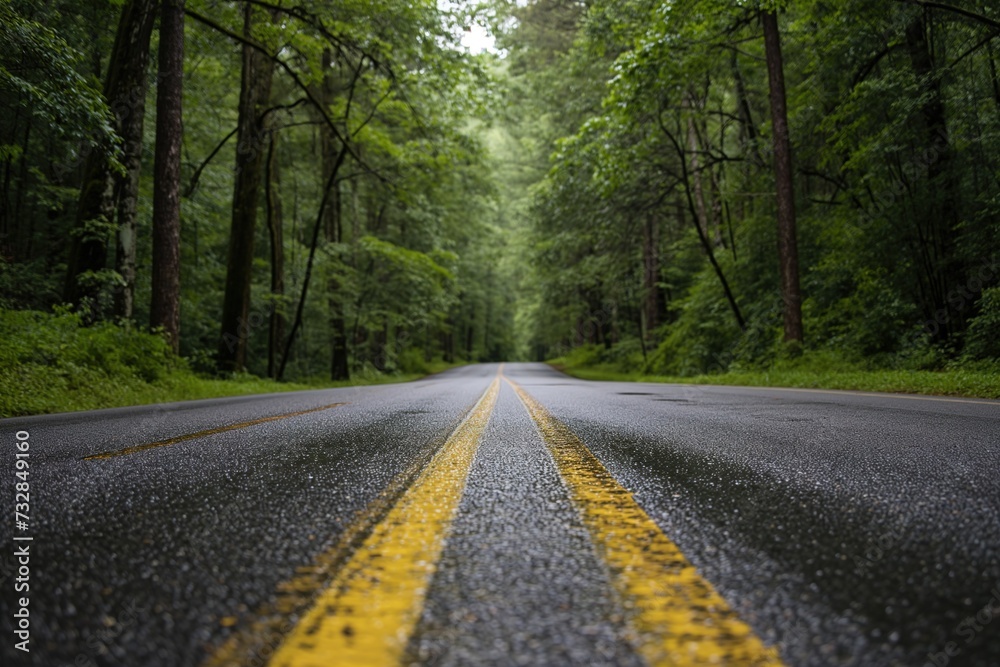 A road winding through a lush forest, bordered by an array of tall trees.