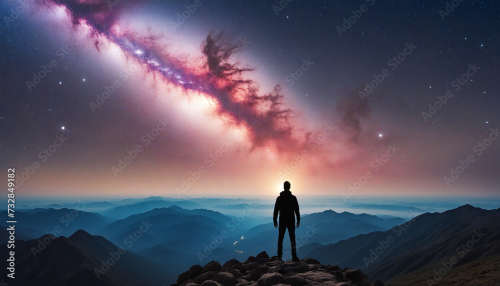 Fototapeta premium A man stands in silhouette, gazing at the vibrant colors of the cosmos against a starry night sky atop a mountain peak 