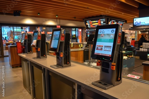 Quick ordering machines on a screen inside a fast food store.