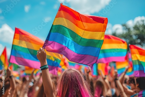 A diverse group of individuals gathered together, proudly holding vibrant gay rainbow colored flags. photo