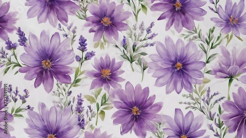 Watercolour purple flowers pattern, purple green leaves, white background