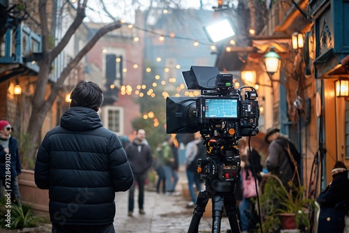 A camera mounted on a tripod in front of a large crowd of people.