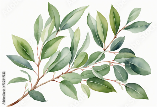 A watercolor painting of isolated eucalyptus leaves on a tropical branch, capturing the natural beauty of organic foliage in vibrant green hues 