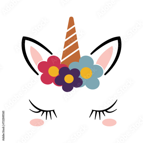 vector image female unicorn head with flowers at the base of the horn, print style. Vector for silkscreen, dtg, dtf, t-shirts, signs, banners, Subimation Jobs or for any application