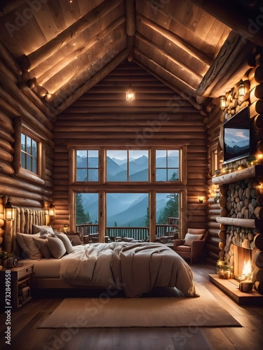 cozy log cabin interior bed room with lights and window , mockup 