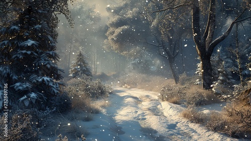 Snow-covered forest trail  quiet and untouched  soft snowflakes falling  trees heavy with snow  the essence of winter wonder 