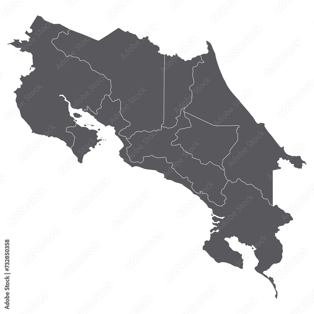 Costa Rica map. Map of Costa Rica in administrative provinces in grey color