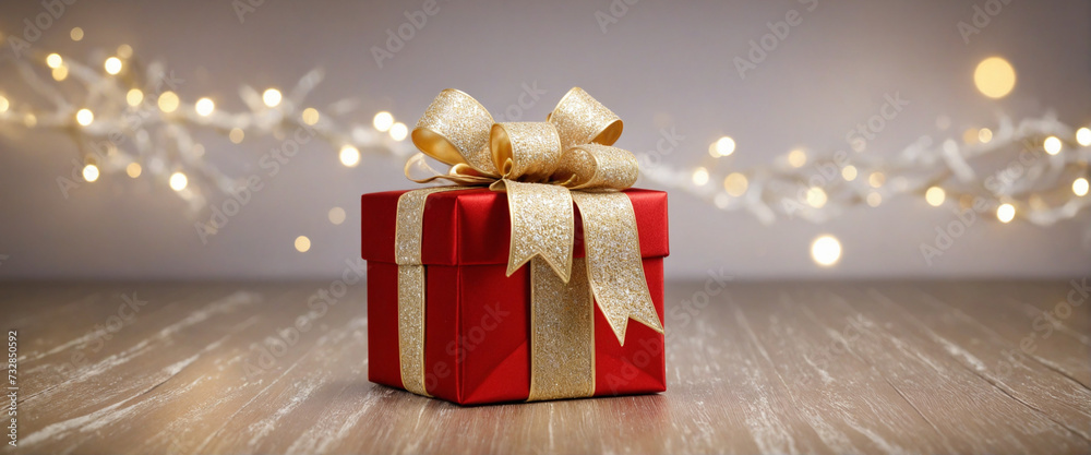 Golden Christmas Gift Box on Bokeh Background with Copy Space Golden Christmas Gift Box on Bokeh Background with Copy Space