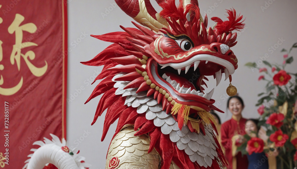 A vibrant red Chinese dragon dances joyfully in celebration of the Lunar New Year, symbolizing prosperity and good luck in traditional Asian culture 