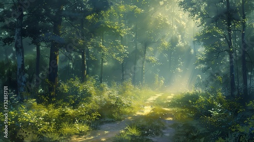 Sun-dappled forest path, early morning mist rising, birds chirping softly, serene and inviting for a tranquil walk  #732851701