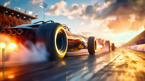 A vintage open-wheel race car performs a burnout on the track, with large slick tires and aerodynamic design, at a formula racing event, evoking the classic era of high-speed motorsport. photo