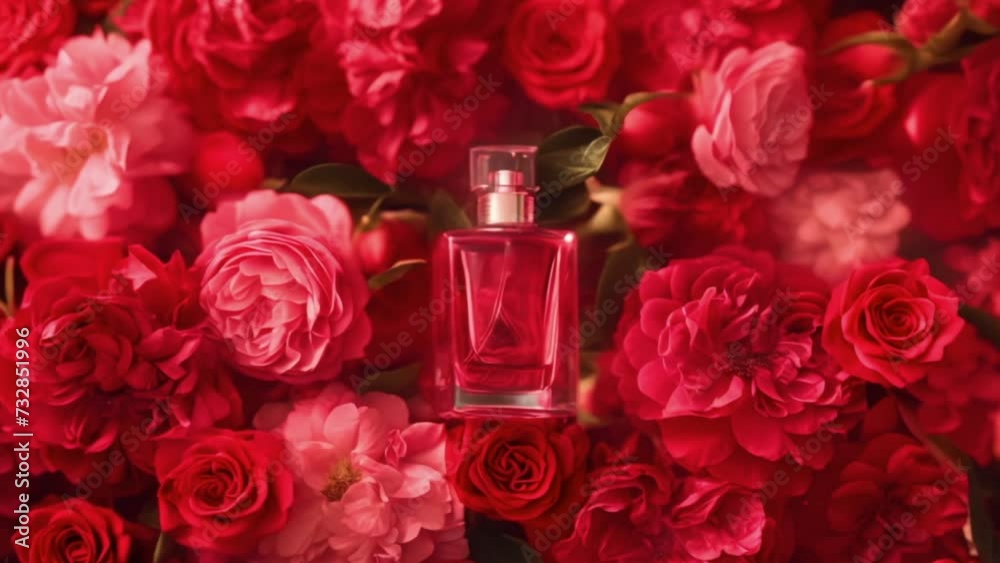 Perfume bottle in flowers, fragrance on blooming background, floral scent and cosmetic product
