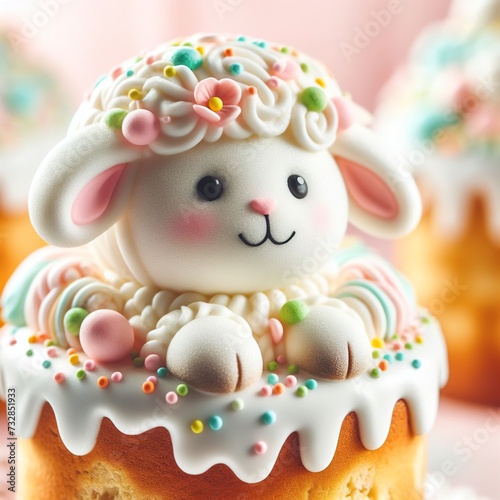 Close-up of a traditional Easter lamb cake decorated with icing and pastel-colored sprinkles Sweet and delightful Perfect for Easter dessert-themed designs  © Franco di Giacomo