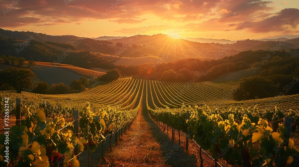Sunset over a vineyard, rows of grapevines glowing in the warm light, a picturesque scene of agricultural beauty  - obrazy, fototapety, plakaty 