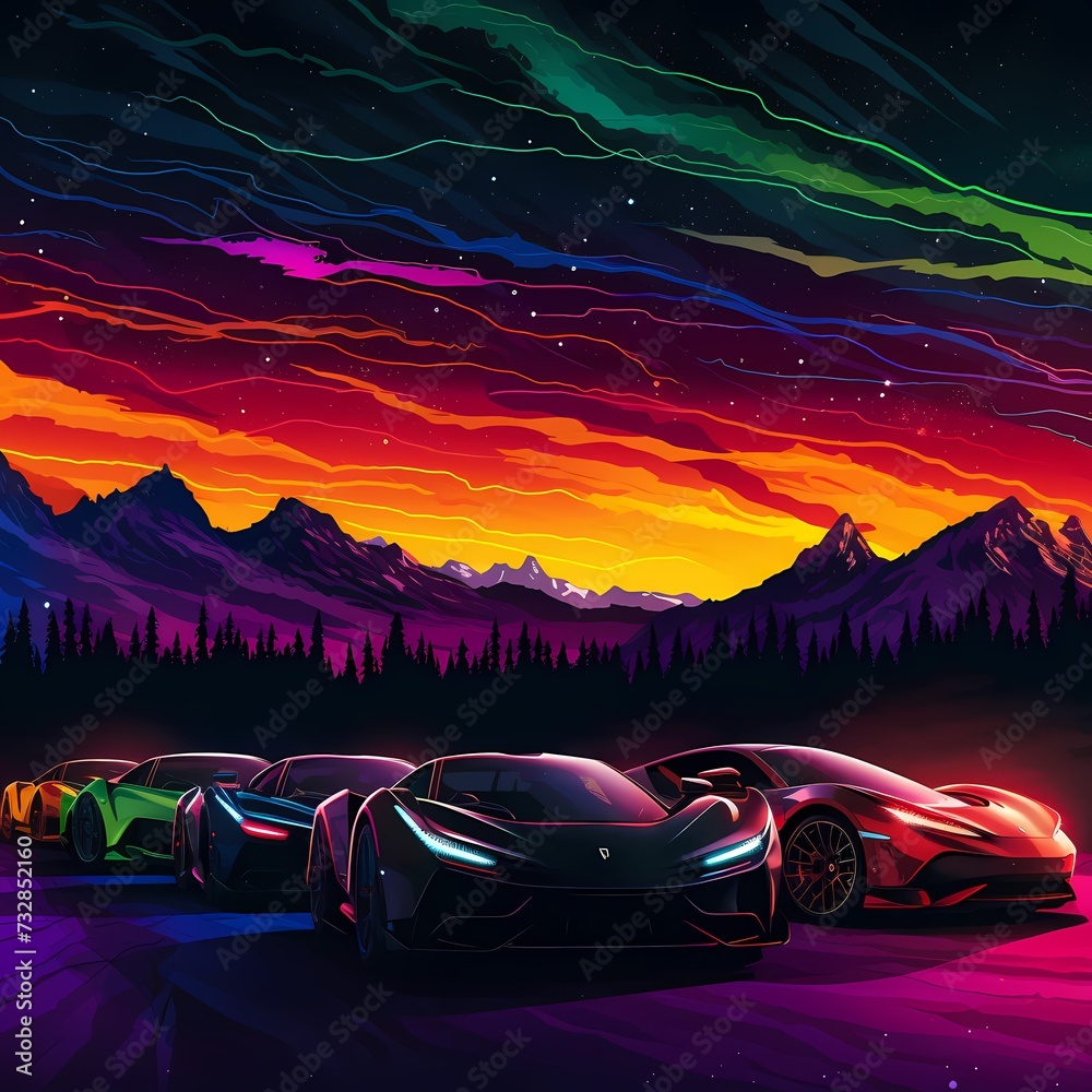 Vibrant Aurora Over Luxury Sports Cars Lineup in Mountainous Landscape