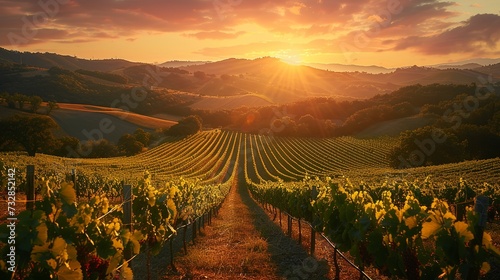 Sunset over a vineyard, rows of grapevines glowing in the warm light, a picturesque scene of agricultural beauty  photo