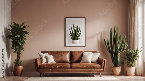 Retro interior design of living room with stylish vintage leather sofa and table, plants, cacti, personal accessories and gold mock up poster frame on the beige wall. Elegant home decor.