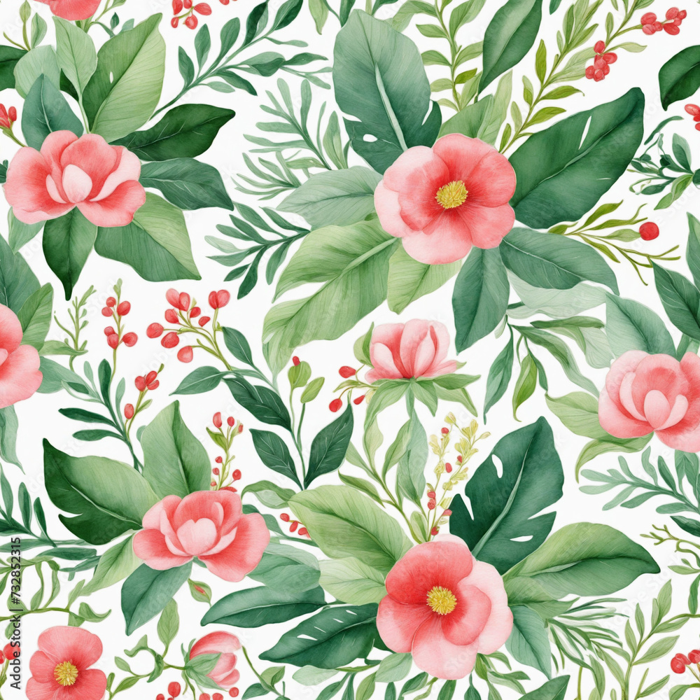 Watercolor illustration of a festive ribbon bow in a seamless floral pattern, perfect for St  Patrick's Day or any celebration 