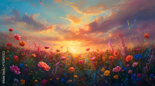 Sunset over a wildflower field, the sky painted in vivid hues of orange and pink, casting a warm glow over the flowers © Thanthara