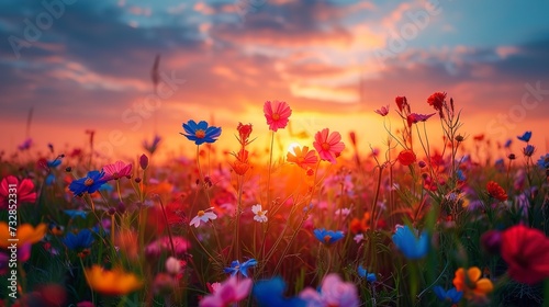 Sunset over a wildflower field, the sky painted in vivid hues of orange and pink, casting a warm glow over the flowers  © Thanthara