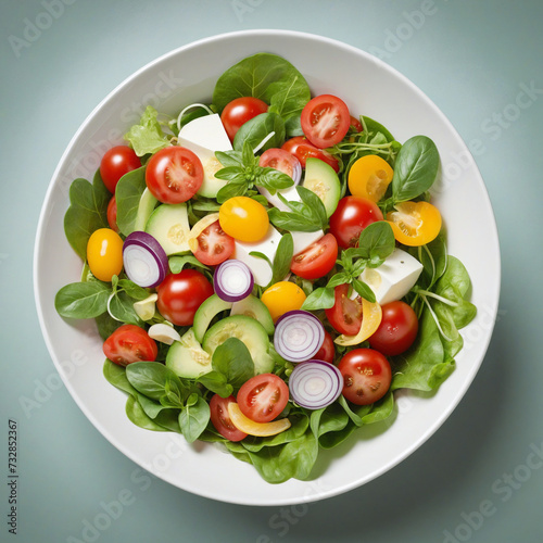 Colorful and delicious vegetarian salad in a transparent bowl, showcasing a variety of fresh organic ingredients on a white background 