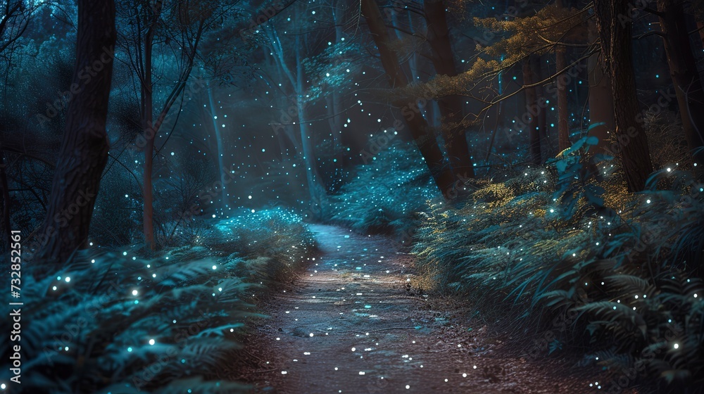 Surreal forest pathway at night, bioluminescent plants lighting the way, stars visible through the tree canopy above - obrazy, fototapety, plakaty 