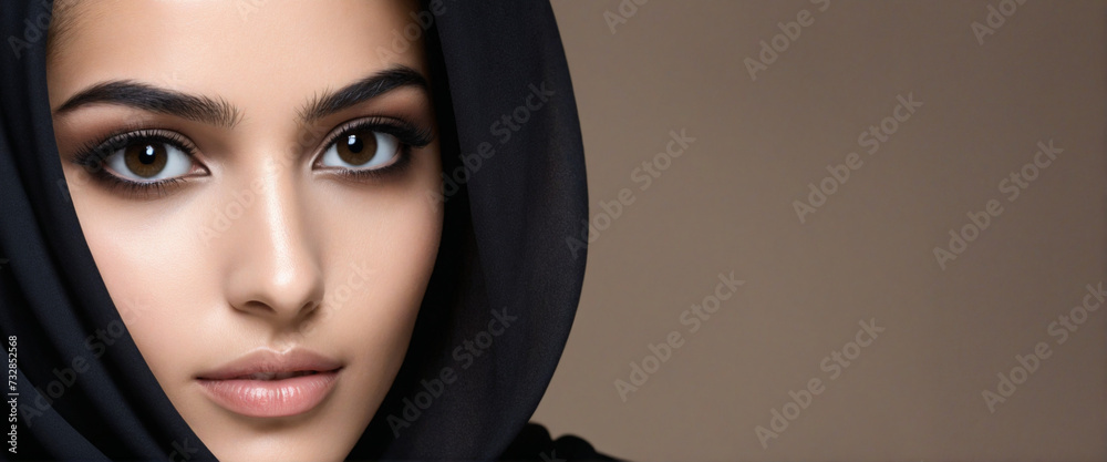 Arabian Beauty: A Model in Black Hoodie and Foulard Veil on Matrix Background Arabian Beauty: A Model in Black Hoodie and Foulard Veil on Matrix Background