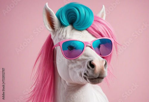 Stylish unicorn with pink hair and teal sunglasses, pink and blue split background