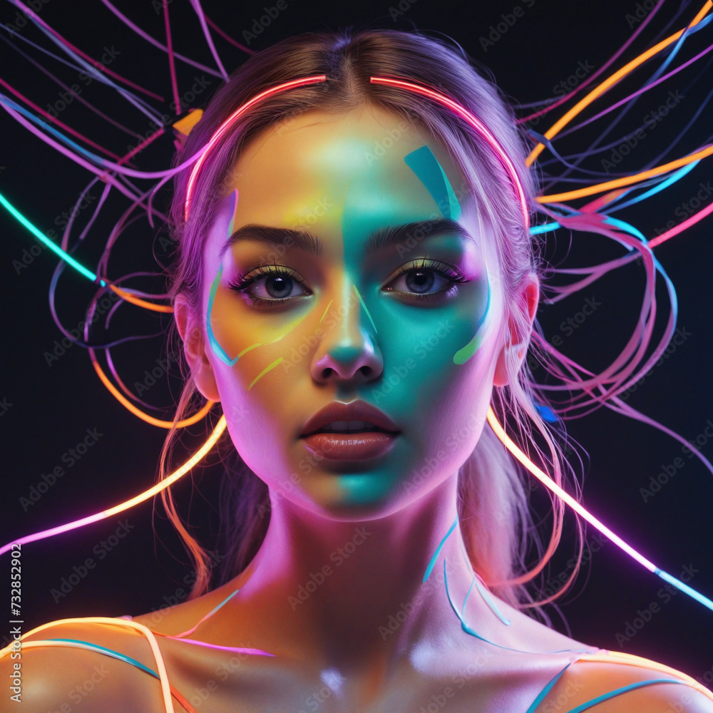 Vibrant Neon Portrait of a Woman Capturing Diverse Moods through Technological Abstract Illustration with Surreal Light and Colourful Art Elements Vibrant Neon Portrait of a Woman Capturing Diverse Moods through Technological Abstract Illustration with Surreal Light and Colourful Art Elements