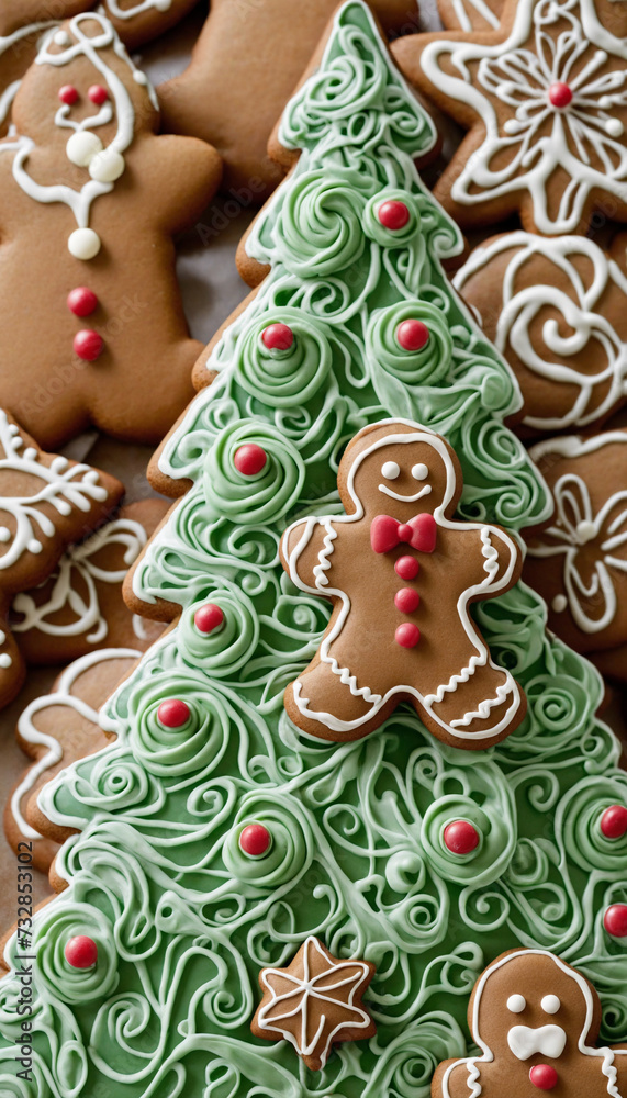 Gingerbread in Christmas tree shape with green cream decoration