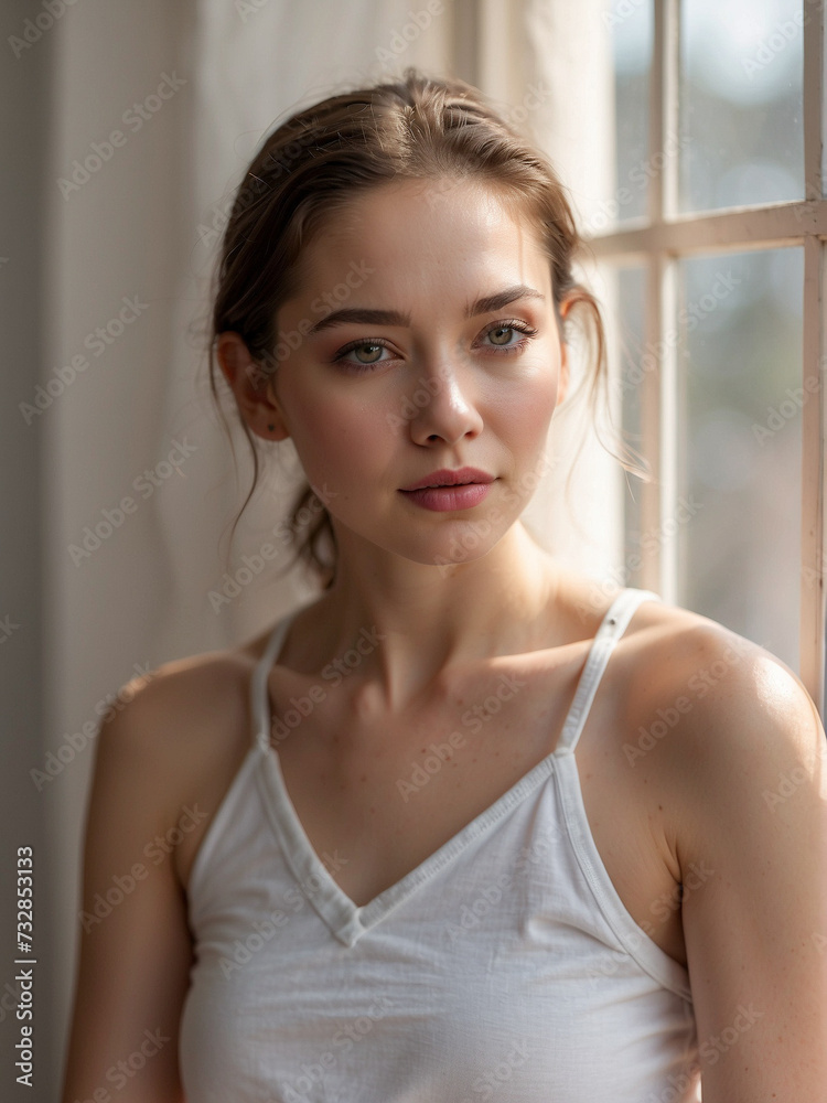 Natural Radiance, A captivating portrait that captures the essence of a young woman illuminated by soft, natural light near a window Natural Radiance, A captivating portrait that captures the essence of a young woman illuminated by soft, natural light near a window
