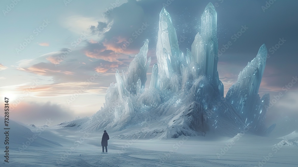 Surreal snowy landscape, giant ice crystals rising from the ground, a fantastical winter scene inspired by sci-fi imagination - obrazy, fototapety, plakaty 