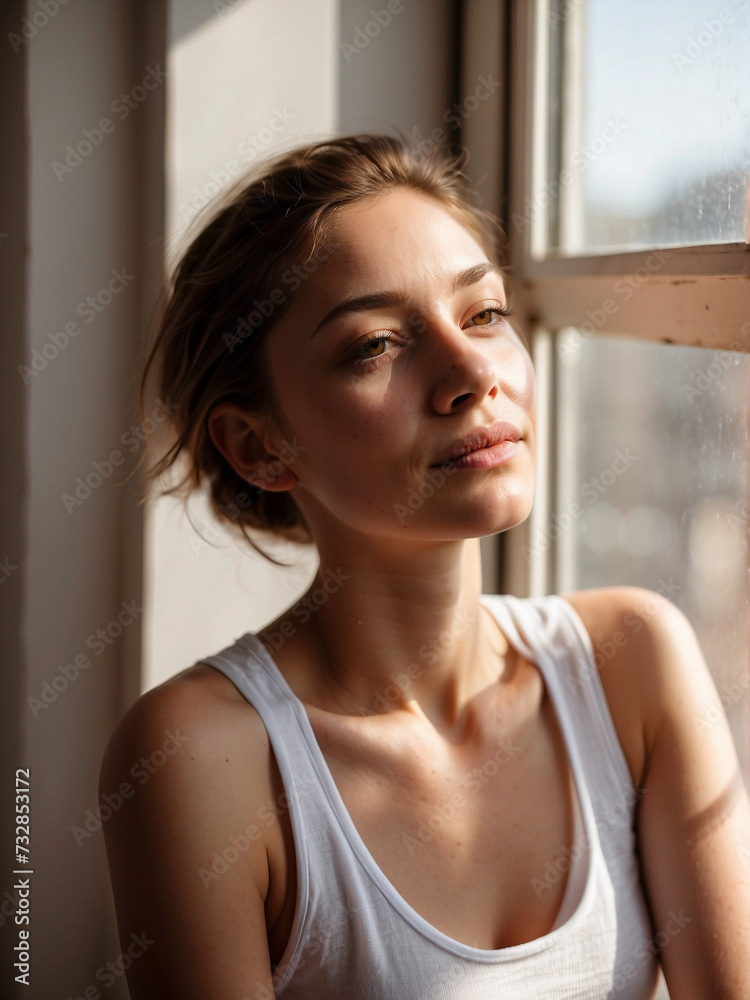 Natural Radiance, A captivating portrait that captures the essence of a young woman illuminated by soft, natural light near a window Natural Radiance, A captivating portrait that captures the essence of a young woman illuminated by soft, natural light near a window