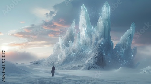 Surreal snowy landscape, giant ice crystals rising from the ground, a fantastical winter scene inspired by sci-fi imagination