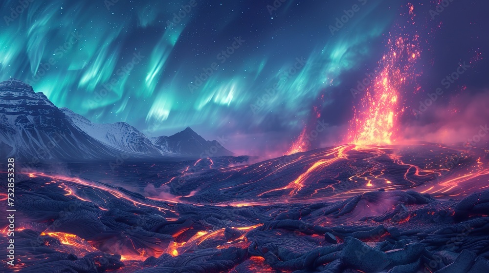 Surreal volcanic landscape under the Northern Lights, auroras weaving over a field of lava rock, combining fire and ice - obrazy, fototapety, plakaty 