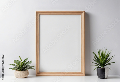 Mockup light wooden frame isolated on white background with empty space for image