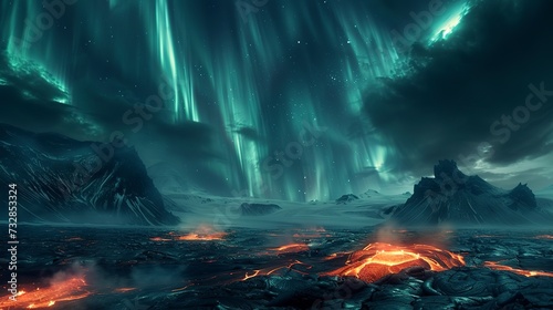 Surreal volcanic landscape under the Northern Lights, auroras weaving over a field of lava rock, combining fire and ice