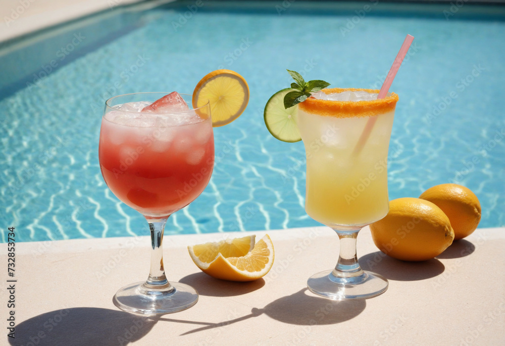 Colorful glasses of exotic cocktails by the poolside in a tropical summer setting Colorful glasses of exotic cocktails by the poolside in a tropical summer setting